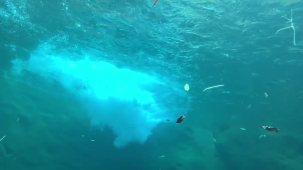 Man swimming under tuquoise blue water of a waterfall stream. Underwater view. — Stock Video