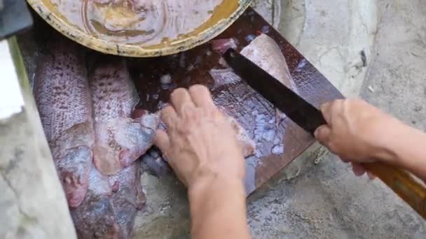 Zblízka a staré ženy ruce čištění a krájení ryb na dřevěné desce — Stock video