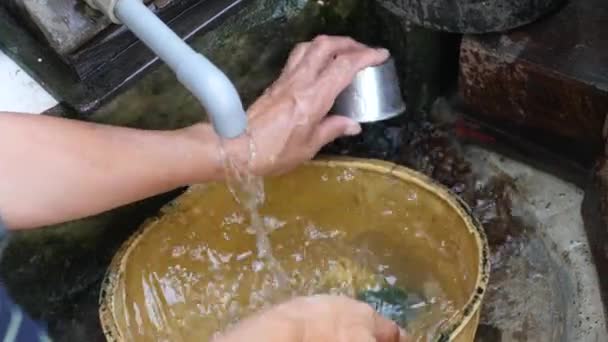 Le mani delle donne che lavano il filtro da caffè vietnamita nella cucina sporca — Video Stock