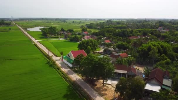 Drone voler au-dessus du village rural avec route, rizières et ferme de légumes. — Video