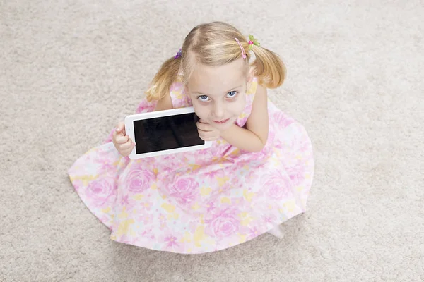 Cute Blonde Girl Her Tablet — Stock Photo, Image