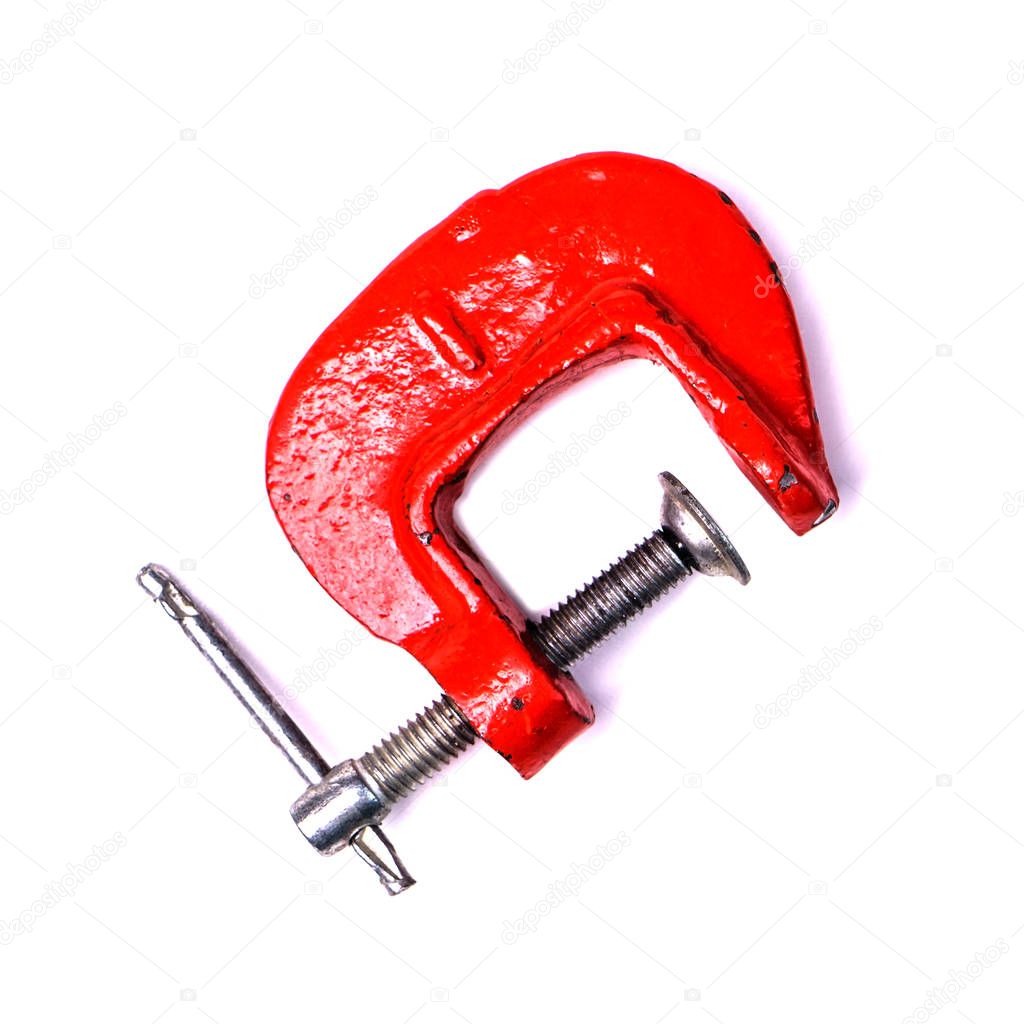 Clamp compression tool isolated on white. Work clamp or Professional workbenches isolated on a white background