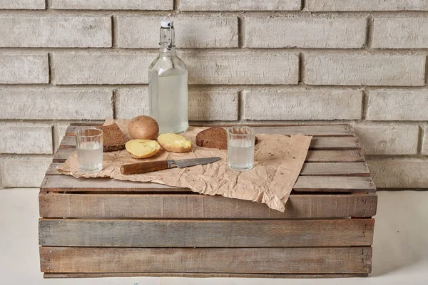 Traditional Ukrainian and Russian snacks outdoor. Food with alcohol — Stock Image Traditional Ukrainian and Russian snacks outdoor. Food with alcohol Stock Photo
