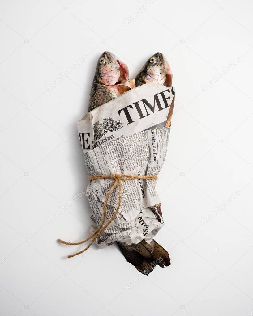 Raw fish trout wrapped with a newspaper