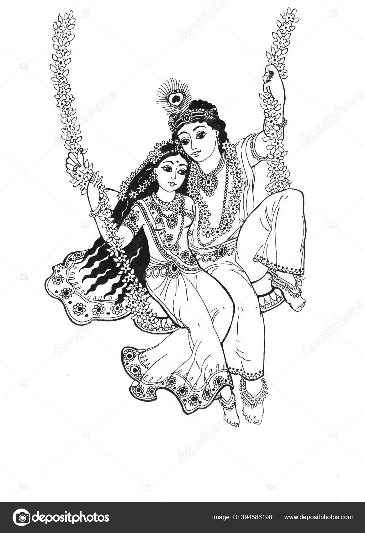 God Krishna Radha Swing Entwined Flowers Graphic Drawing White Background  Stock Photo by ©. 394586198