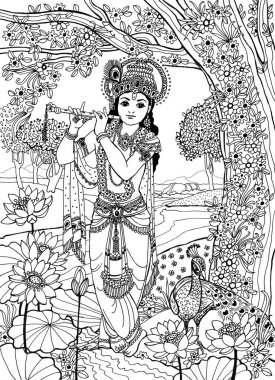 Tanrı Krishna, nilüfer çiçekleri ve tavus kuşu olan bir derenin yanındaki çiçek açan bir ormanın manzarasında flütü olan genç ve güzel bir genç adam. Beyaz arkaplanda siyah mürekkep çizimi.