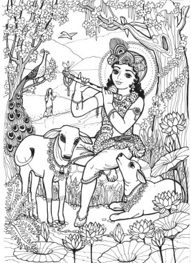 Tanrı Krishna, sığır çobanlarının çocuğu flüt ve buzağı çalıyor, kuşlar ve kız Radha onu bahar ormanında çiçeklerle dolu bir ormanda dinliyor..