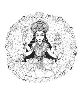 Tanrıça Lakshmi, refah, refah ve zenginlik tanrıçası gibi birçok sikke ile çevrili bir nilüfer çiçeğinin üzerinde oturur. Hinduizm, Diwali.