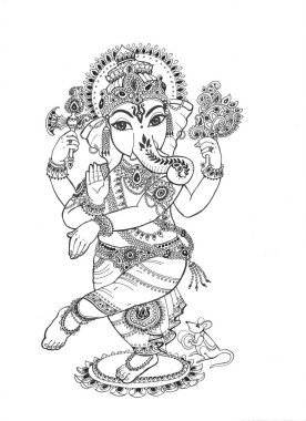 Lord Ganesha 'nın dans edişinin tasviri. Beyaz arkaplanda siyah mürekkep çizimi.
