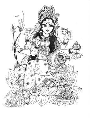 Tanrıça Lakshmi elinde çeşitli zenginlik özellikleriyle bir nilüfer çiçeğinin üzerinde oturuyor. Genç güzellik tanrıçası Lakshmi, refah, güzellik, aşk, bolluk. Beyaz arkaplanda grafik çizimi.