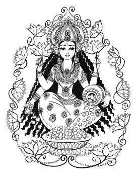 Tanrıça Lakshmi nilüfer çiçekleri arasında bir sürahi bozuk parayla oturur, beyaz arka planda siyah çizgi çizer. Tanrıça Lakshmi, refah, güzellik, refah, bolluk