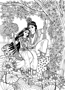 Tanrı Krishna ve onun sevgili Radha 'sı Hindistan' ın ormanlık arazisindeki bir ağacın yanında salıncakta sallanıyorlar. Nehrin kenarında çiçekler, tavus kuşu ve nilüferler var. Beyaz kağıda siyah mürekkep çizimi.