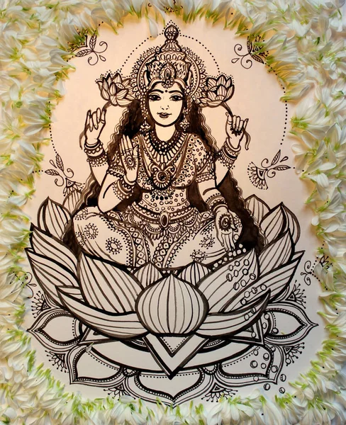 Lakshmi Istennő Rajzol Lakshmi Istennő Tintájával Lótuszvirágon India Diwali Ünnep — Stock Fotó