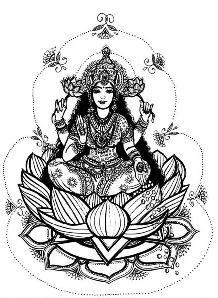 Goddess Lakshmi Drawing Ink Goddess Lakshmi Lotus Flower India Diwali — Stock Photo, Image