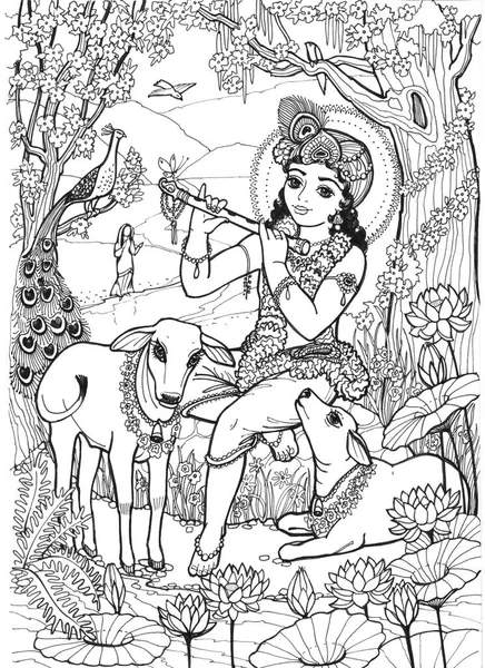 Lord Krishna Child Cowherd Boys Plays Flute Calves Birds Girl — Stock Photo, Image