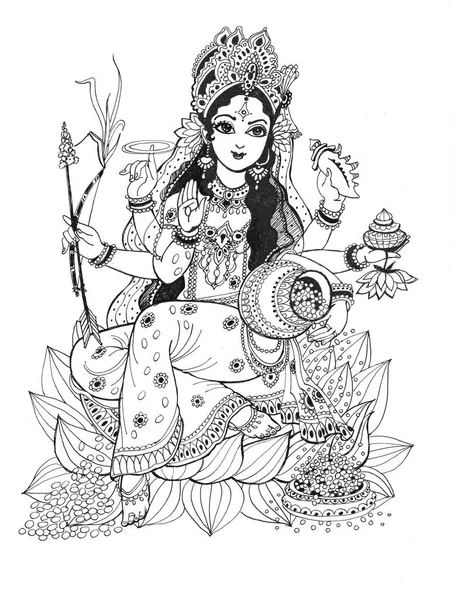 Bogini Lakshmi Siedzi Kwiecie Lotosu Różnymi Atrybutami Bogactwa Rękach Młoda — Zdjęcie stockowe