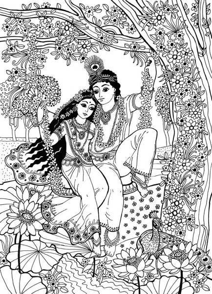 God Krishna His Beloved Radha Swing Tree Forested Landscape India — Stock Photo, Image