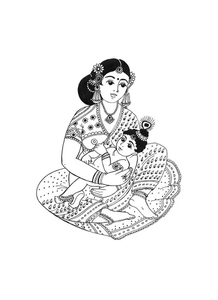 Baby Krishna Arms His Mother Devaka Baby Krishna Black Ink — Stock Photo, Image