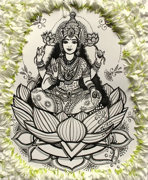 Deusa Lakshmi Desenho Com Tinta Deusa Lakshmi Uma Flor Lótus Fotografia De Stock