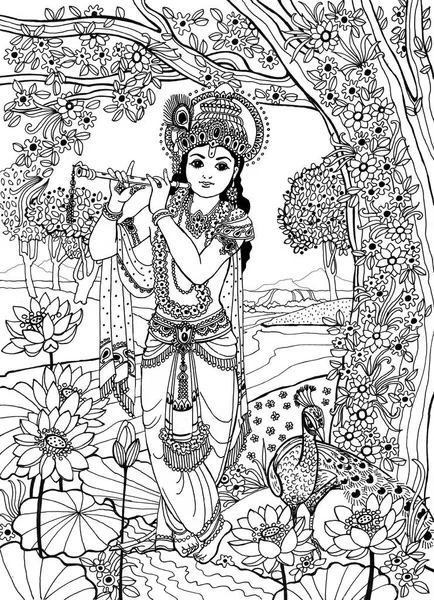 Deus Krishna Jovem Jovem Bonito Com Uma Flauta Paisagem Uma Fotografias De Stock Royalty-Free