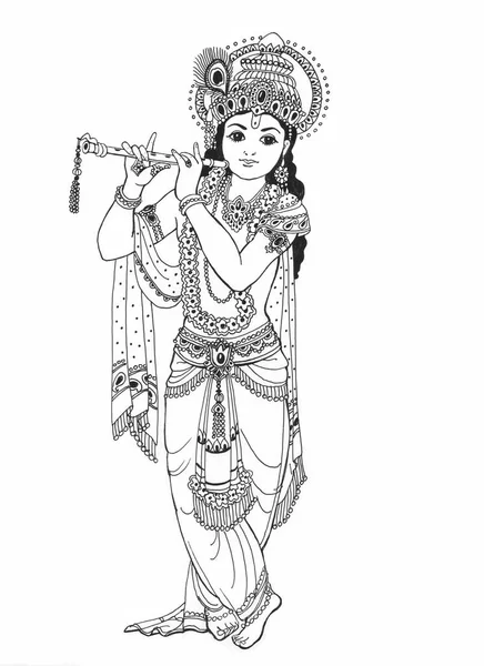 Deus Krishna Belo Jovem Tocando Flauta Esta Uma Linha Preta Fotografias De Stock Royalty-Free