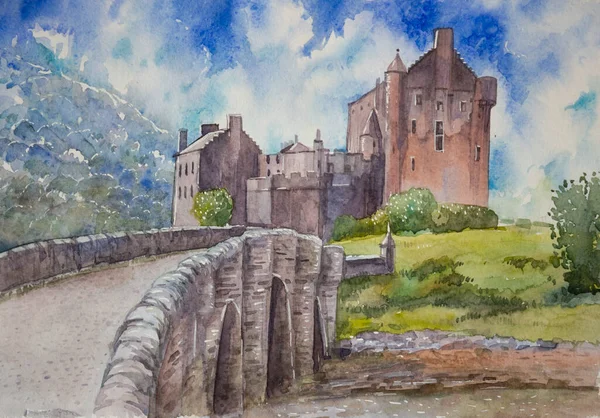 Drawing Ancient Medieval Eilean Donan Castle Old Bridge Scotland Watercolor — Stock Photo, Image