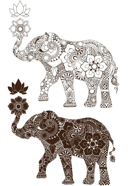 Elefant Med Lotus Vit Bakgrund Utsmyckade Inredda Elefant Med Indiska — Stock vektor