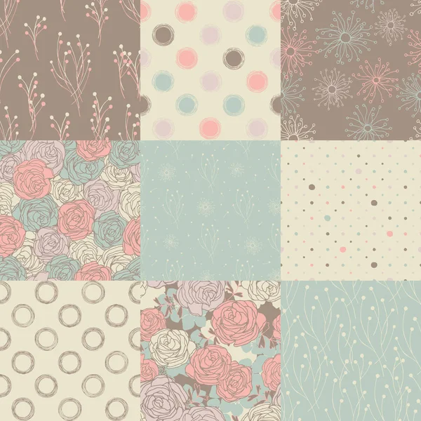 Seamless Patterns Retro Style Backgrounds Roses Dots Other Stylized Nature — Stock Vector