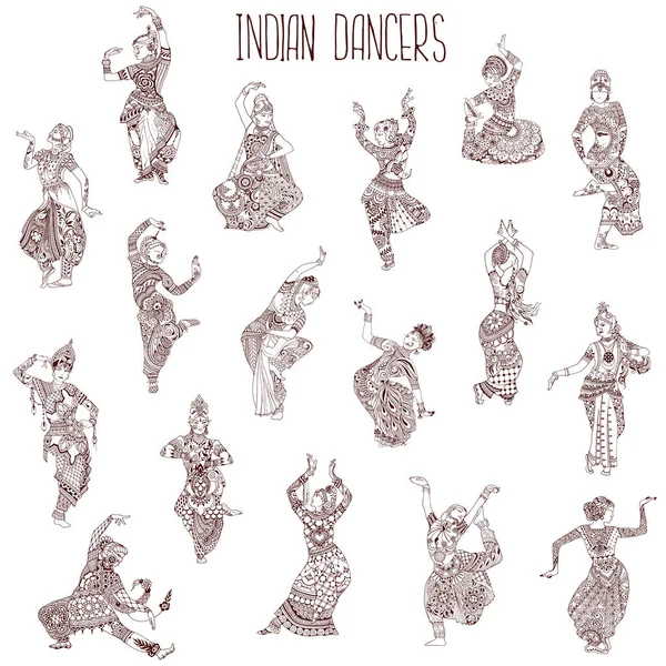 Conjunto Dançarinos Indianos Meninas Diferentes Poses Dança Oriental Silhuetas Decoradas — Vetor de Stock