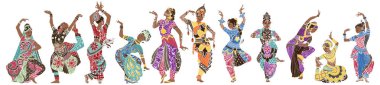 Dancing girls in bright oriental costumes clipart