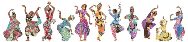 Dancing Girls Bright Oriental Costumes — Stock Vector
