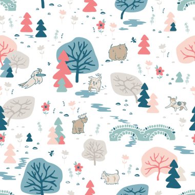 Ağaçlar, çiçekler, hayvanlar stilize çocuk Illustration. Seamless modeli.