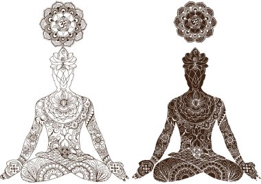 Asana lotus. Bir adam Hint Mendy tarzında dekore edilmiş bir lotus poz silüeti. Baş yukarıda Om simgesiyle Sahasrara çakra bitti.