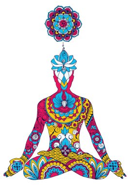 Lotus asana bir adam. Siluet Hint mehdi süsleme ile. Baş yukarıda açık çakra sahasrara Om işaret içinde ile ortaya bir lotus şeklinde olduğunu.