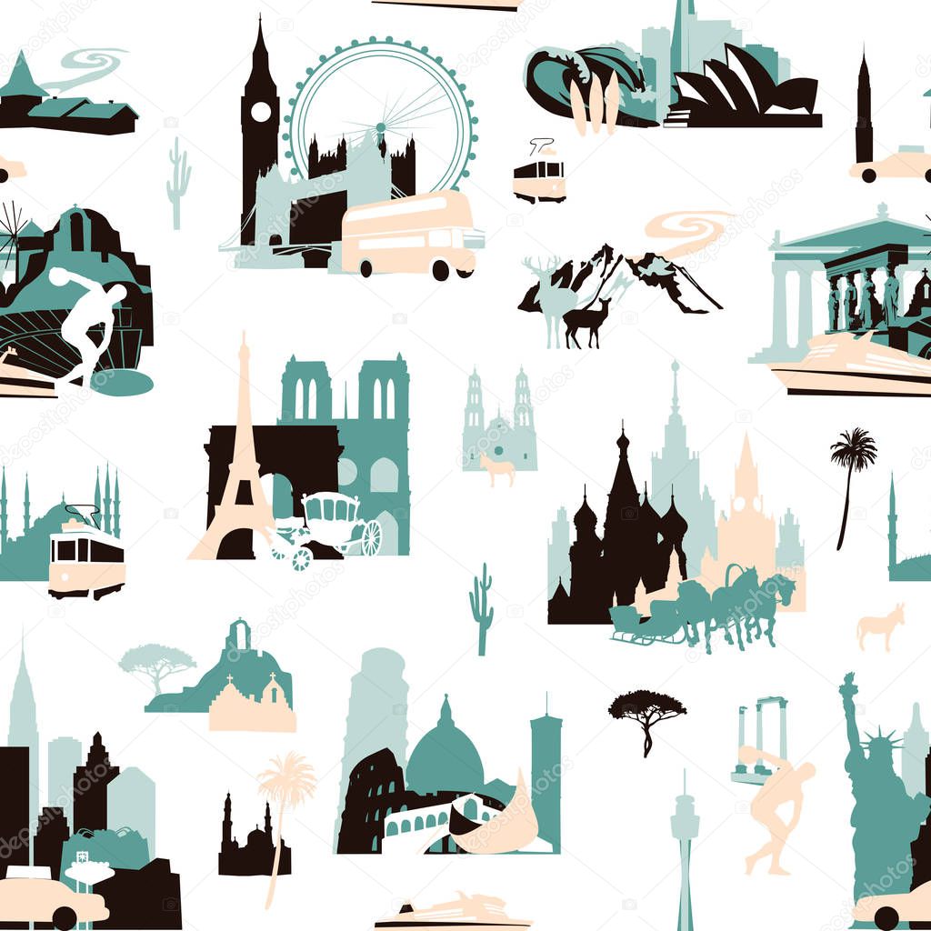 Euro-trip. Seamless pattern with miniatures of sights of European cities.