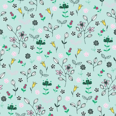 Çilek, yaprakları, mavi çiçekler. Seamless modeli.