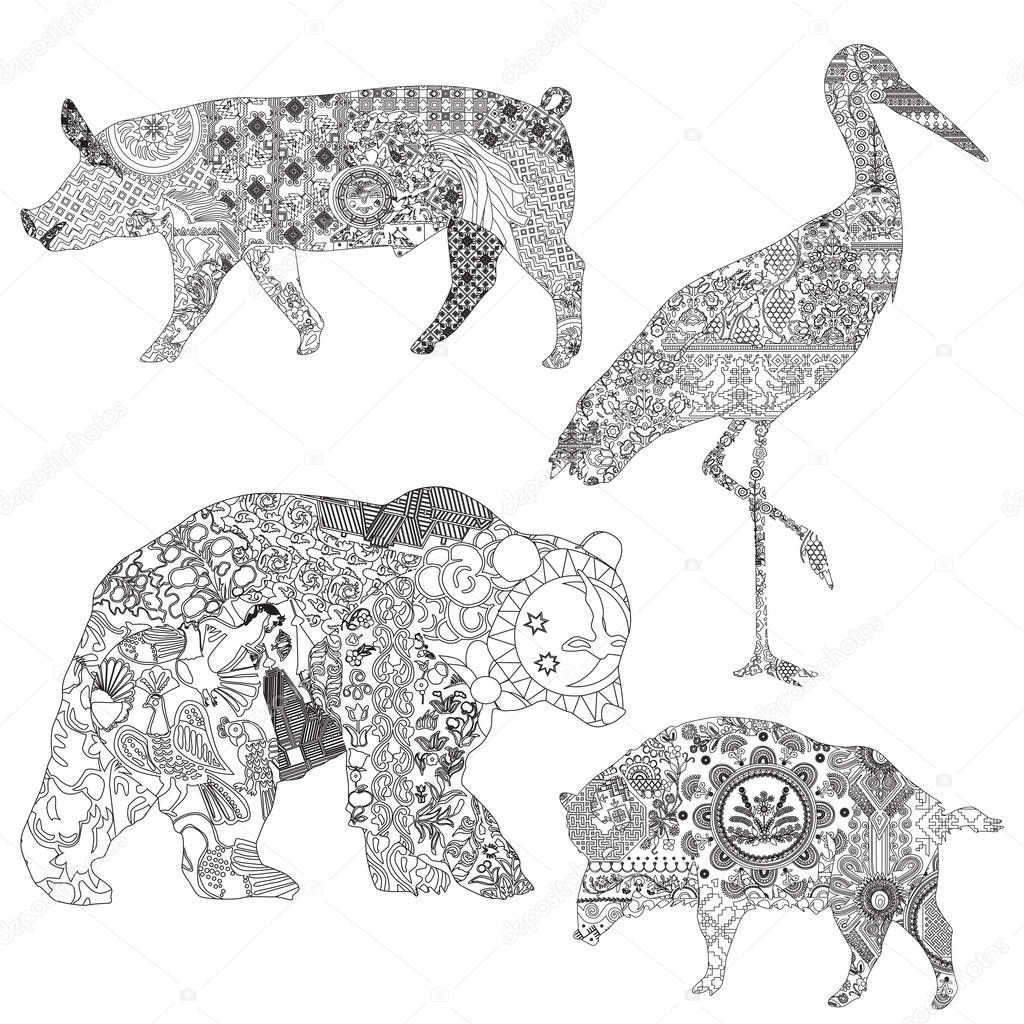 A set of animal symbols of the Slavic countries. Wild boar - Poland, pig, crane - Ukraine, bear - Russia. Decorated with ethnic ornaments.