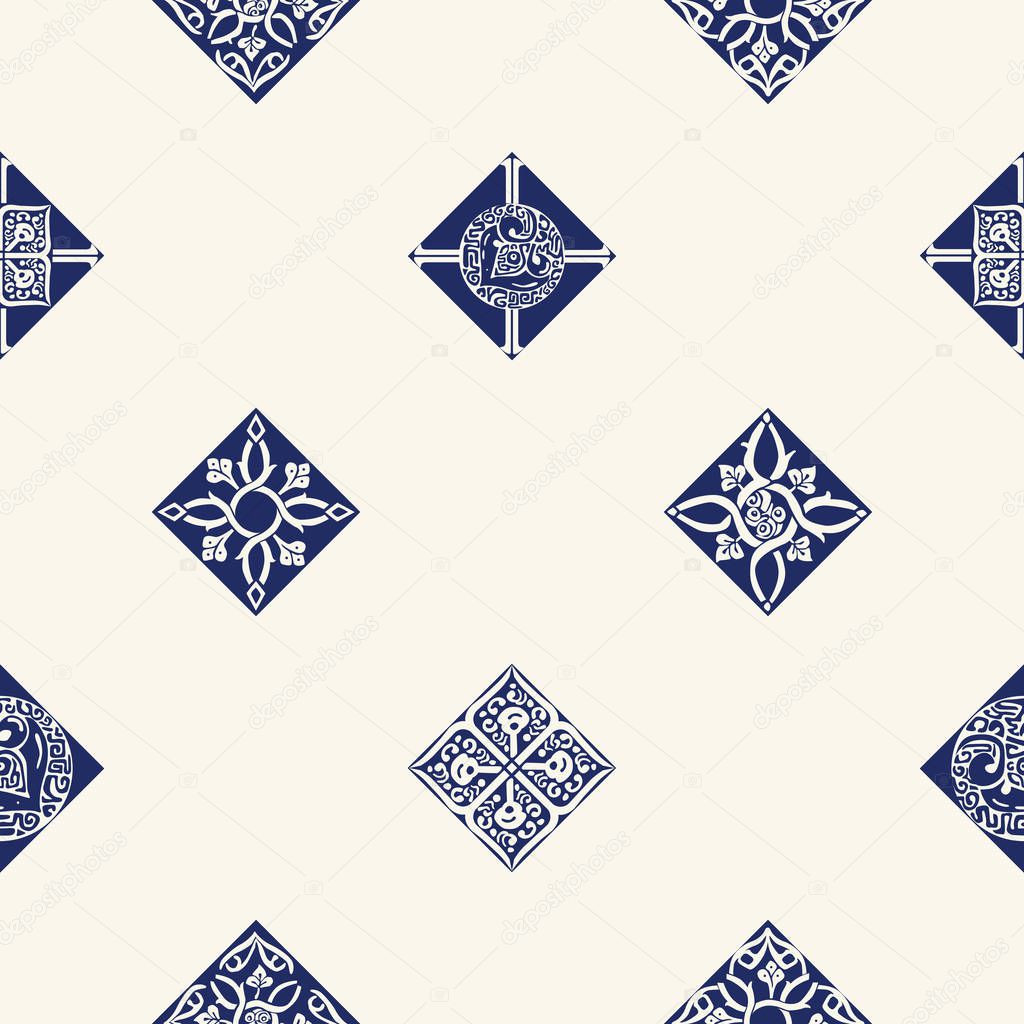 Seamless pattern in the Mediterranean style. Blue decorated tiles on a beige background.