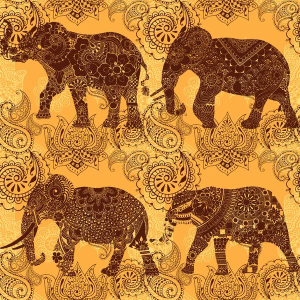 Elephants Bright Background Indian Patterns Seamless Pattern — Stock Vector