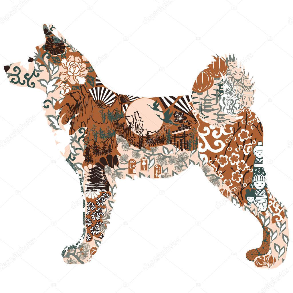 Akita dog decorated with Japanese patterns