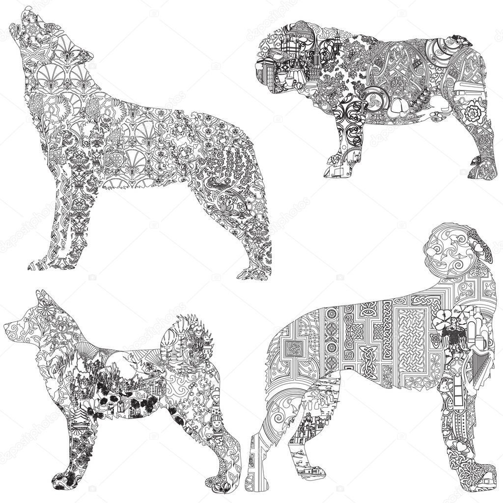 4 dogs decorated with ethnic pattern. Bulldog - English, wolfhound - Irish, akita - Japanese, wolf - Turkish.