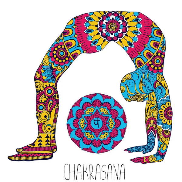 Chakrasana Anahata Çakra Açar Yoga Poz Siluet Hint Mehndi Tarzı — Stok Vektör