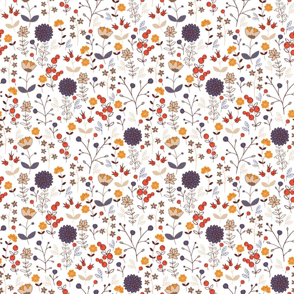 Flowers Berries White Background Seamless Pattern — Stock Vector