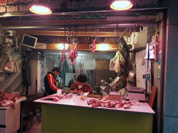 Vender Carne Nas Ruas China Xangai Maio 2018 — Fotografia de Stock