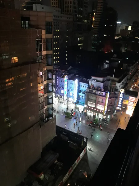 Illuminated Street Night Skyscrapers Shanghai May 2018 — Stock Photo, Image