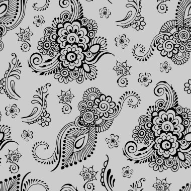 Gri bir arka plan üzerinde Hint çiçek süsleme. Dikişsiz desen mehndi tarzı.
