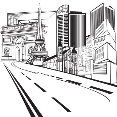 Tatil Fransa. Paris manzaraları için yol. Siyah ve beyaz Doğrusal model.