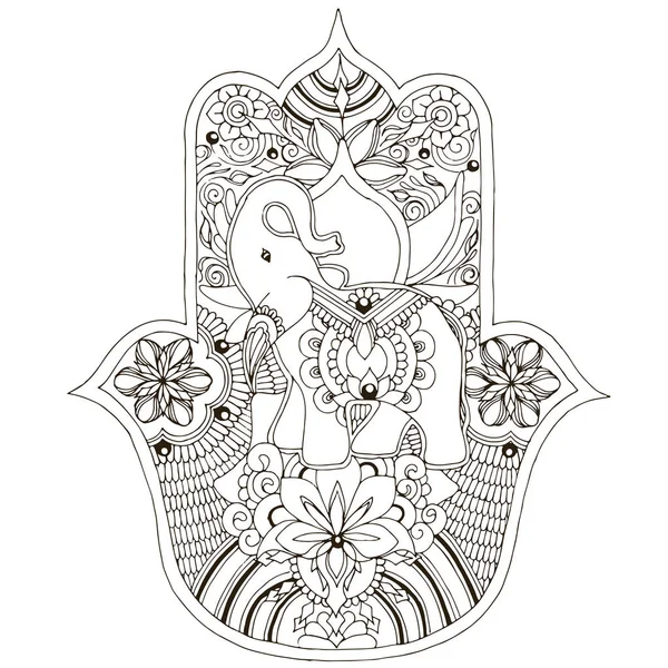 Hamsa Elefánt Belül Mehndi Stílus Palm Fehér Alapon — Stock Vector