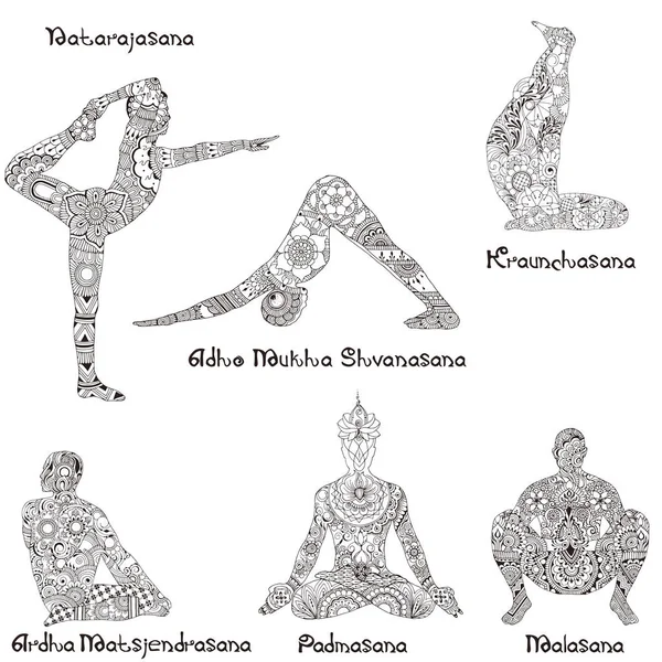 Asanas Yoga Siluetas Patrón Decorado Estilo India Mehndi — Vector de stock