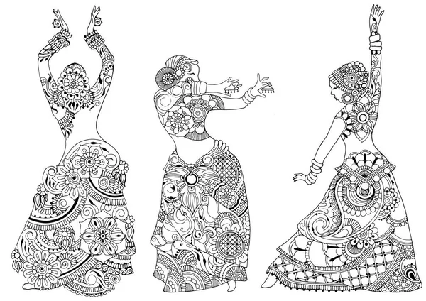 Three Indian Dancers Style Mehndi White Background — Stock Vector